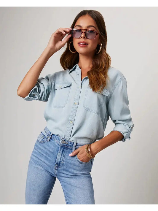 Ladies Denim Pockets Long Sleeves Shirt